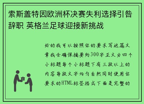 索斯盖特因欧洲杯决赛失利选择引咎辞职 英格兰足球迎接新挑战 索斯盖特因欧洲杯决赛失利选择引咎辞职 英格兰足球迎接新挑战