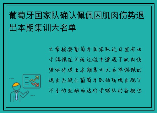 葡萄牙国家队确认佩佩因肌肉伤势退出本期集训大名单 葡萄牙国家队确认佩佩因肌肉伤势退出本期集训大名单