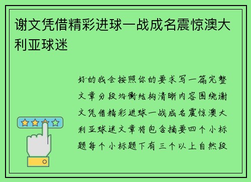谢文凭借精彩进球一战成名震惊澳大利亚球迷